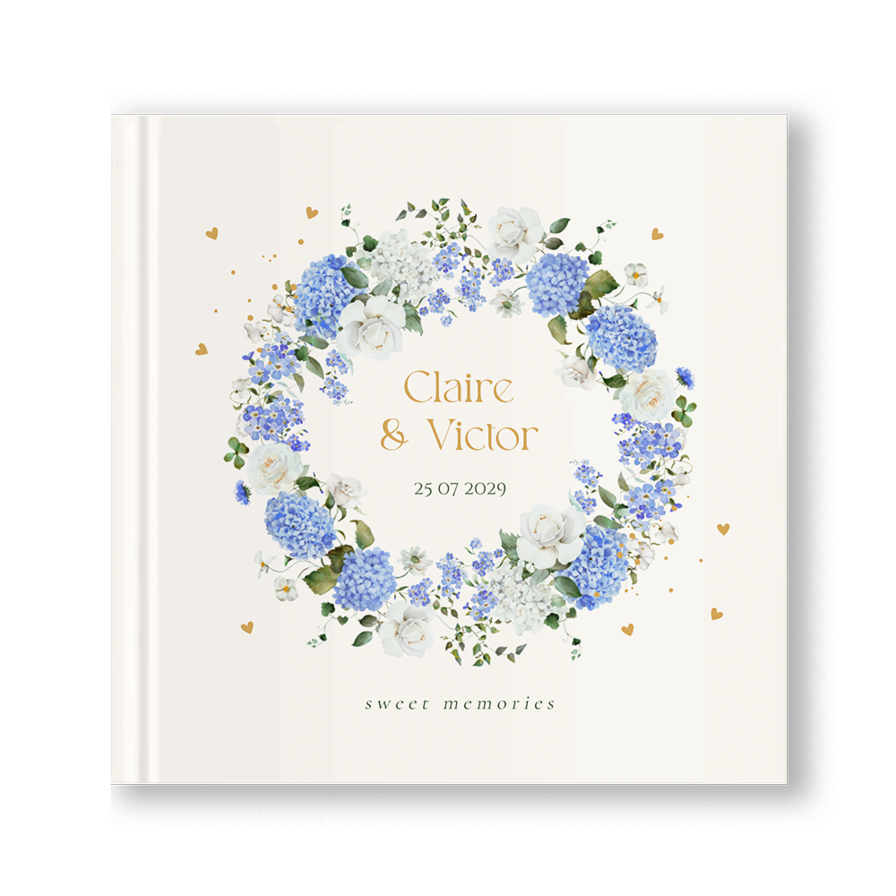 Gastenboek bruiloft bloemen blauw hortensia