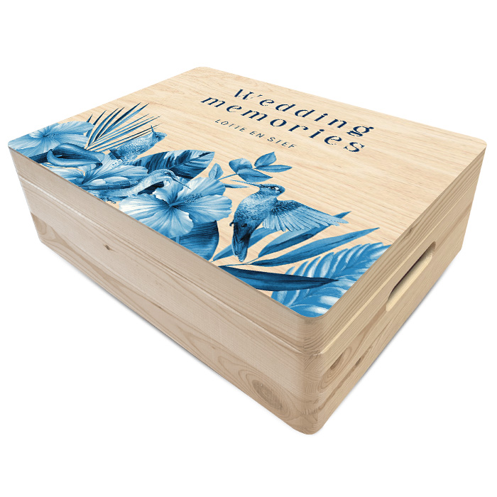 Houten bewaardoos trouwen Delfts blauw met bloemen en vogels