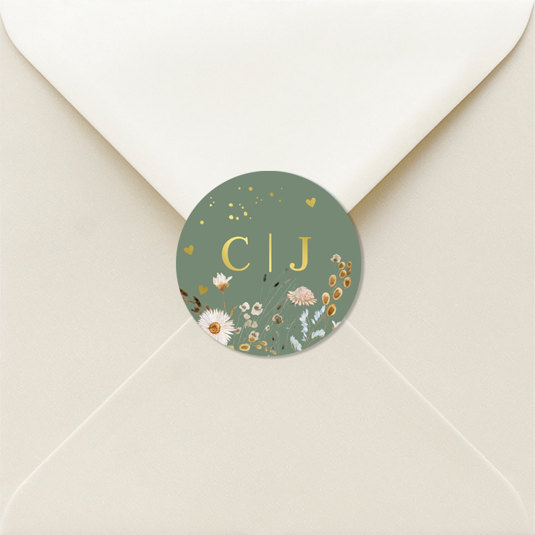 Sluitzegel huwelijk groen veldbloemen goudfolie