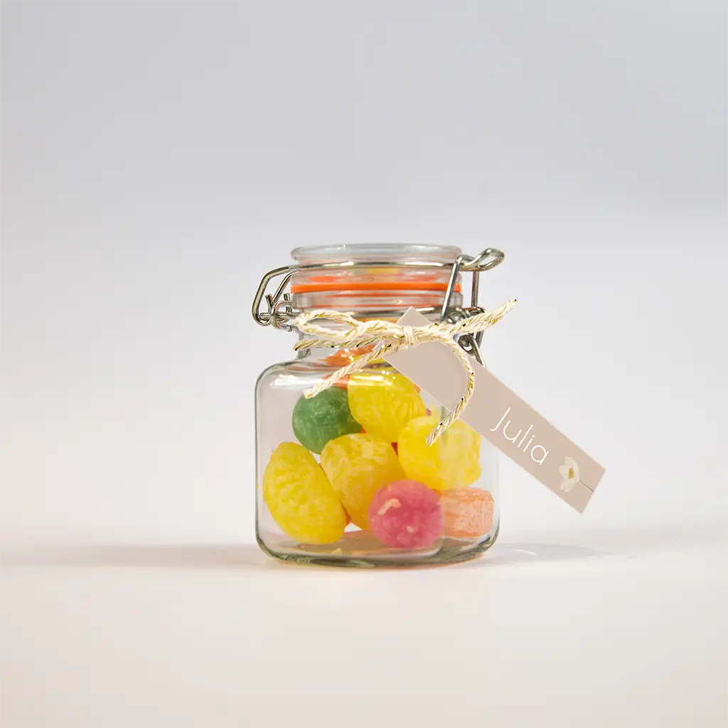 Doopsuiker labeltje roze met bloem - per 16 stuks