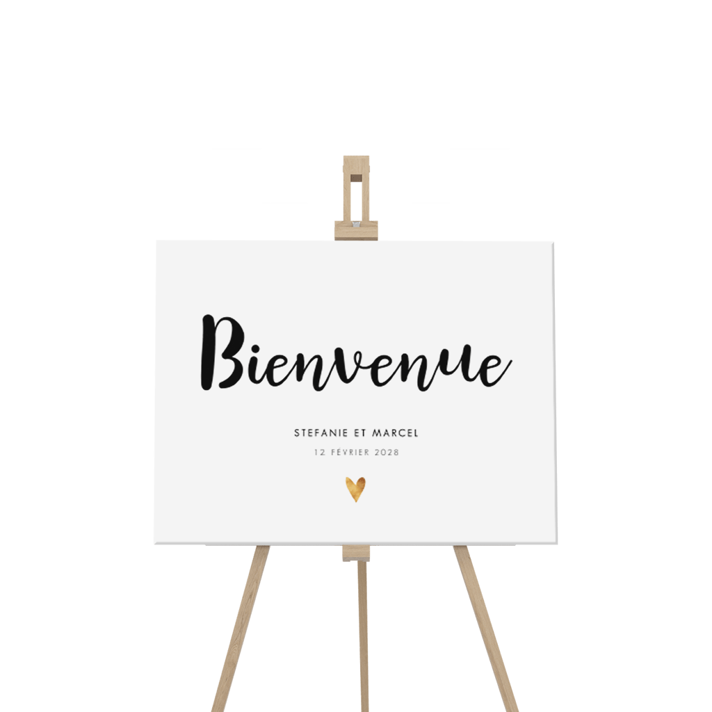 Panneau de bienvenue avec un texte noir sur un fond blanc et un cœur