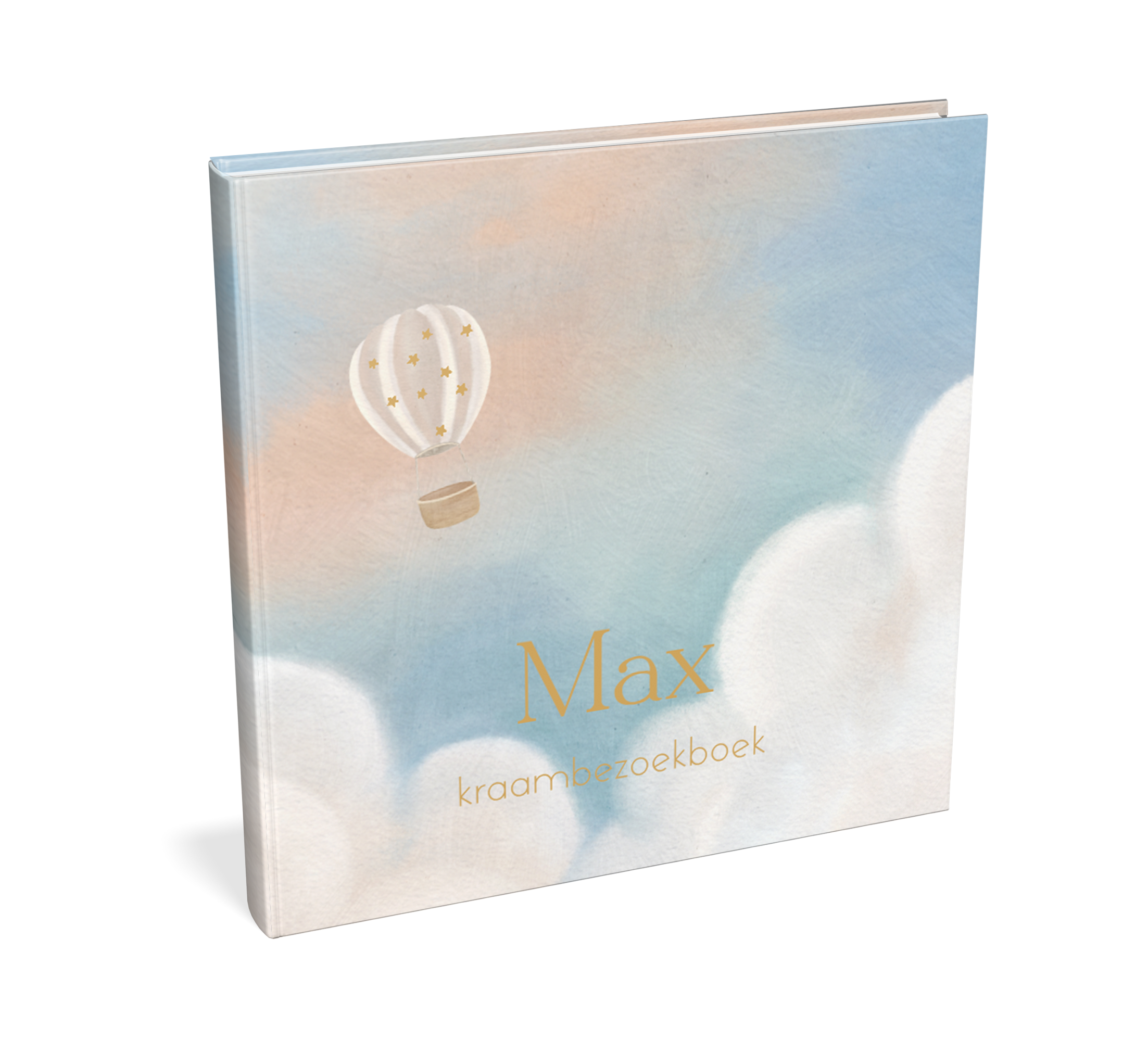 Blauw kraambezoekboek met wolken en luchtballon