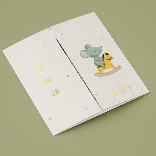 Theatervouw geboortekaartje met muisje op hobbelpaard