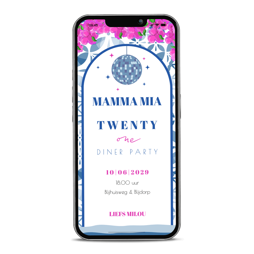 Mamma Mia digitale uitnodiging met discobal en bloemen 21 jaar