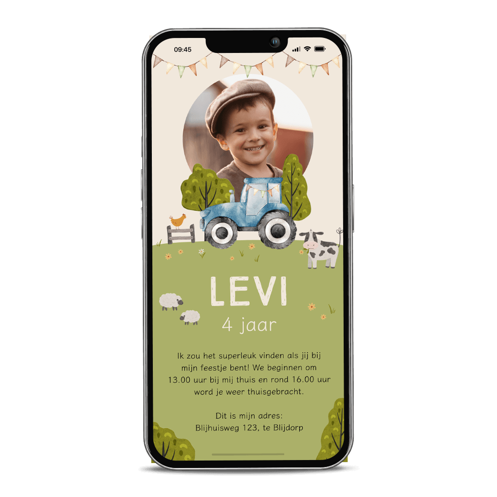 Digitale uitnodiging kinderfeestje met tractor en boerderijdieren
