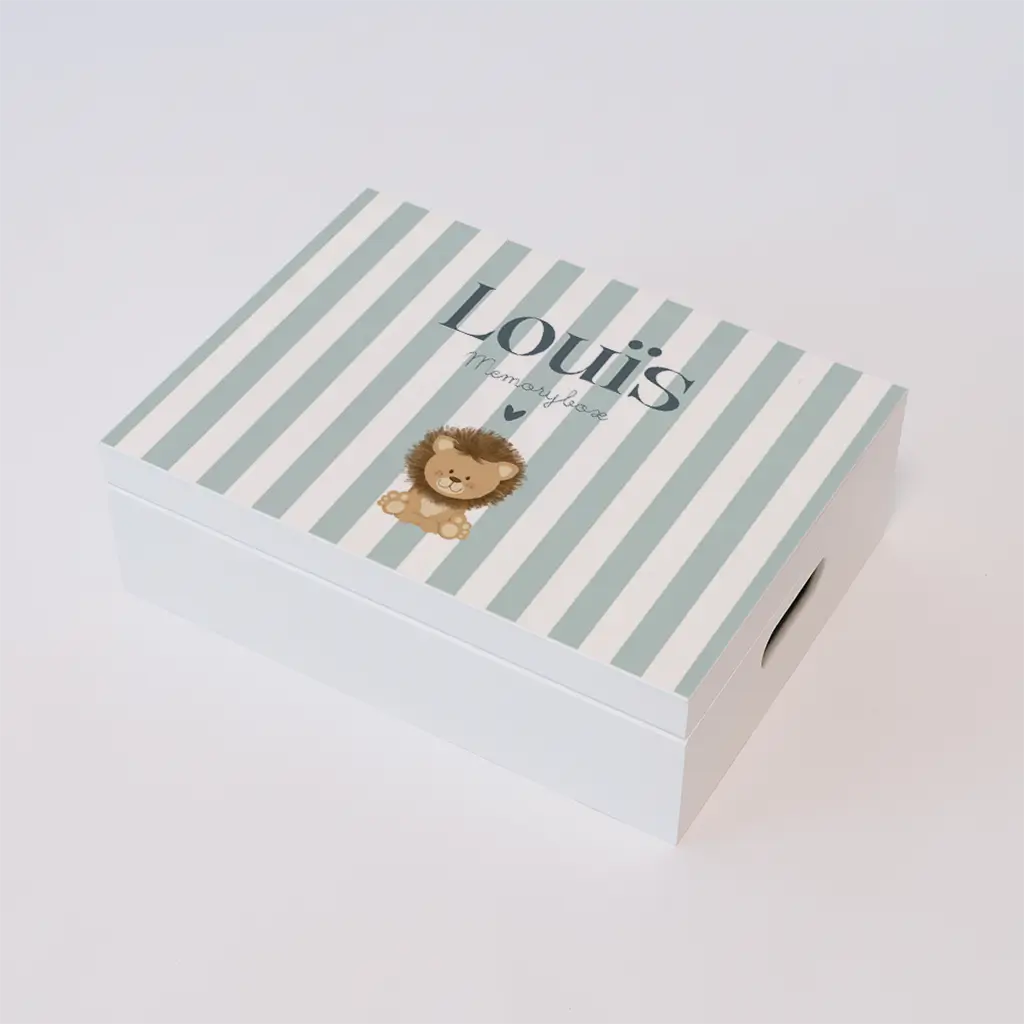 Memorybox met leeuw en blauwe strepen