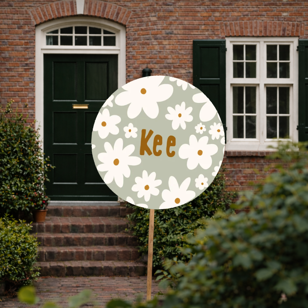 Groen tuinbord met grote bloemen – Bloemen geboortebord tuin