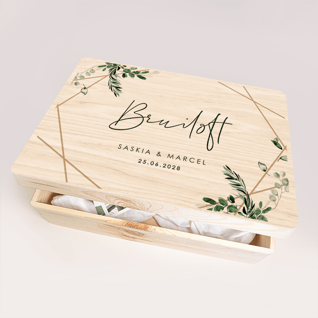 Houten bewaardoos bruiloft eucalyptus en geometrische lijnen