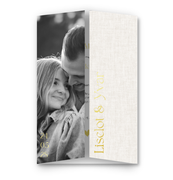 Elegante linnenlook luikvouw trouwkaart met goudfolie