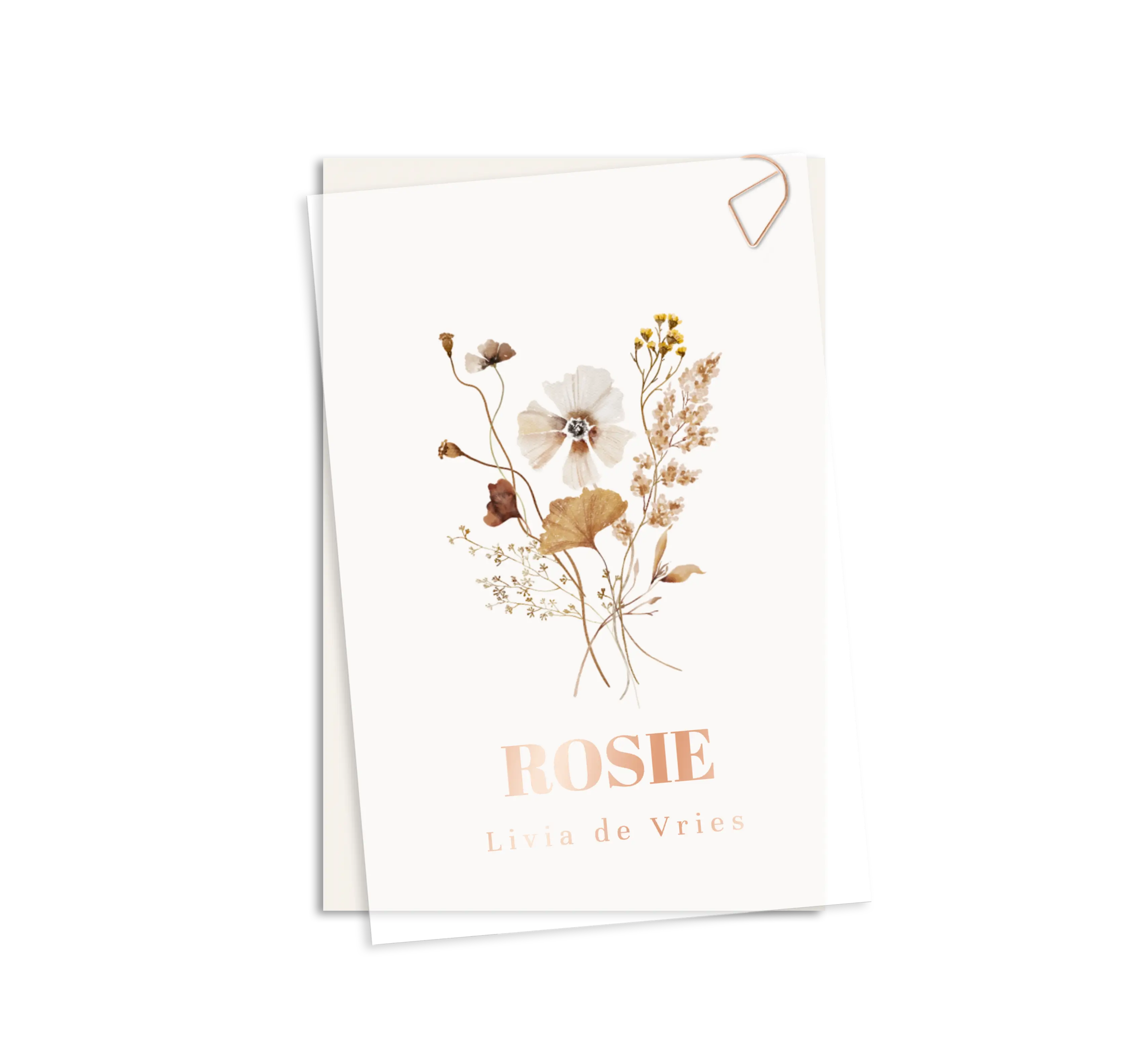 Kalkpapier geboortekaartje met veldbloemen en roségoudfolie