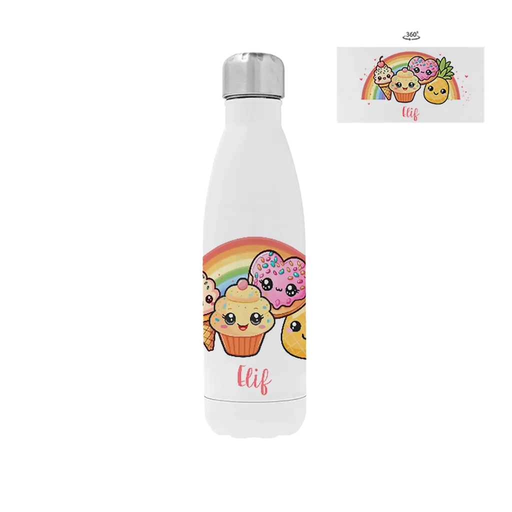 Trinkflasche aus Edelstahl mit kawaii Illustrationen, Regenbogen und Herzchen   