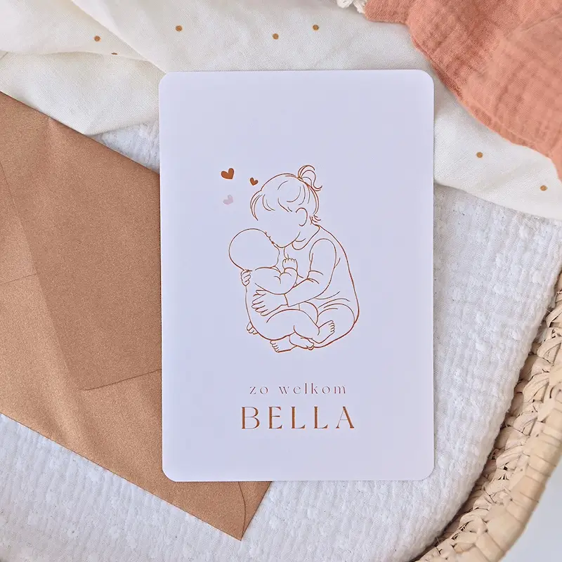 Lief geboortekaartje met lijntekening van baby en grote zus