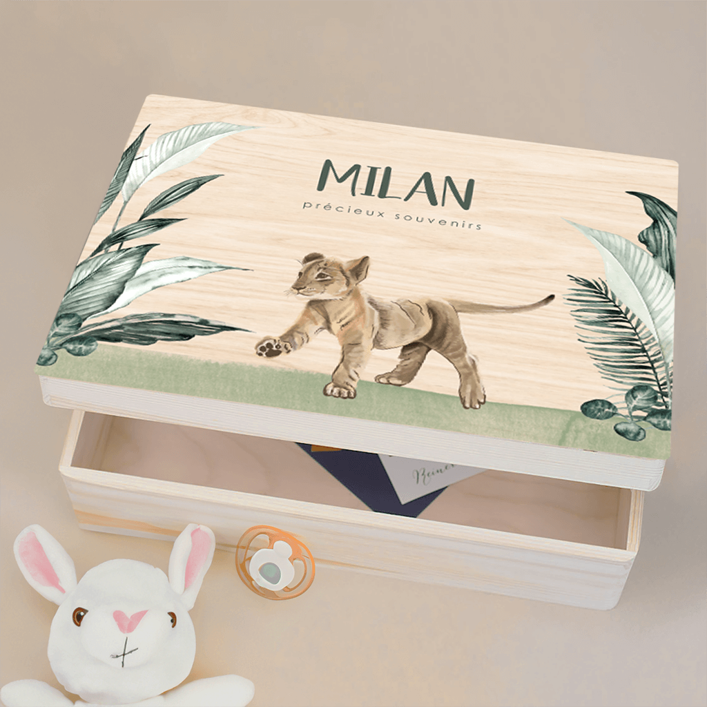 Boîte à souvenirs avec lionceau et feuillages