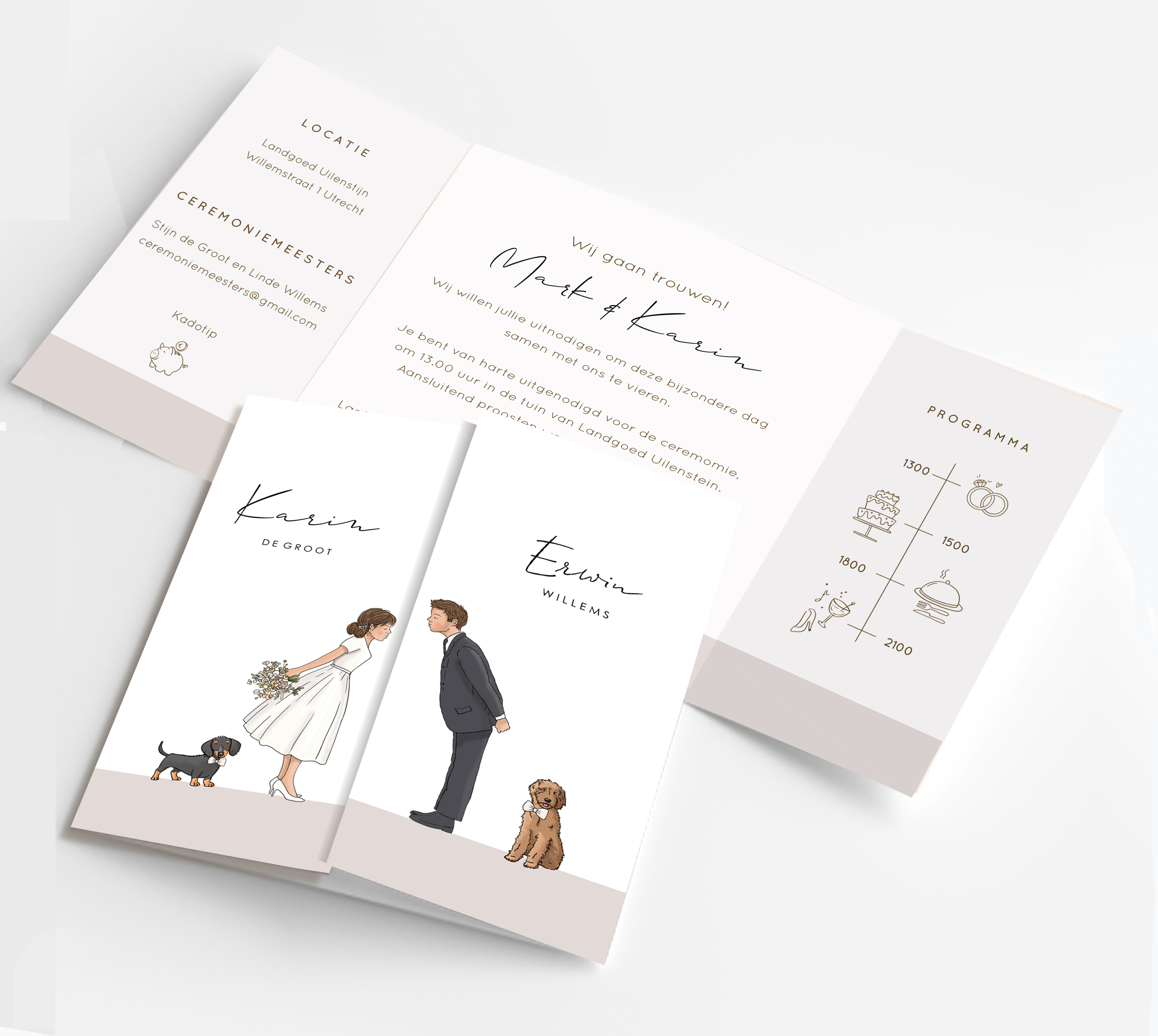 Theaterkaart trouwen kussend bruidspaar met hondjes
