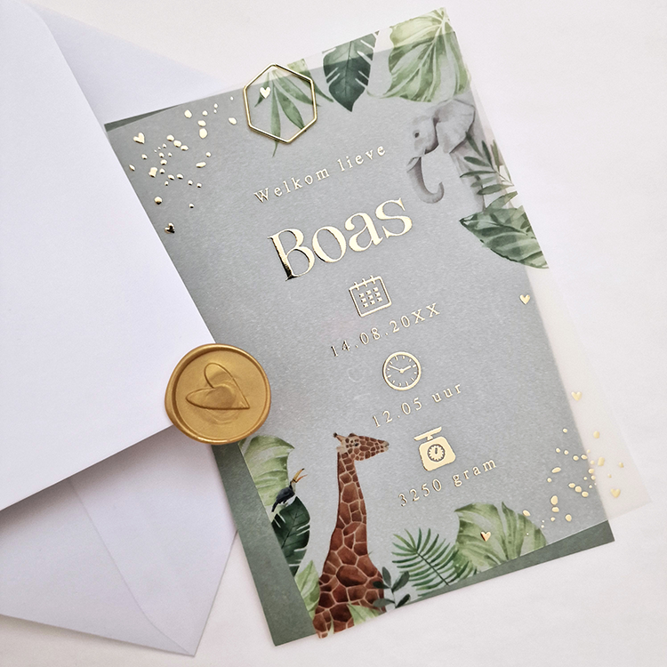 Deel 1 - kalkpapier voorkant geboortekaartje jungle met goudfolie