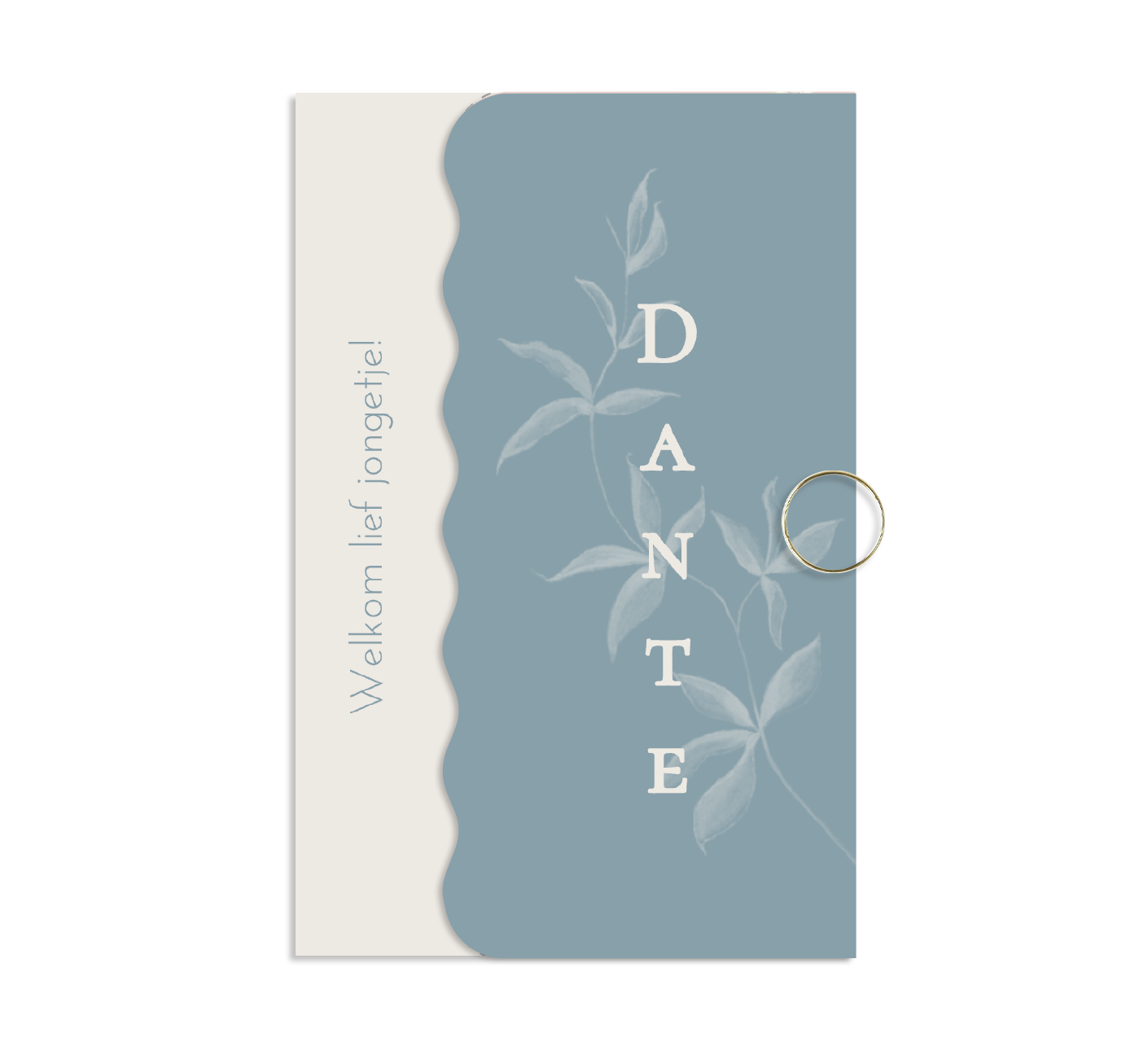 Label geboortekaartje jongen blauw met takje