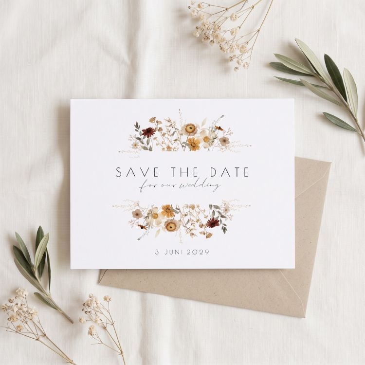 Save the Date kaart romantisch bloemenframe aardetinten