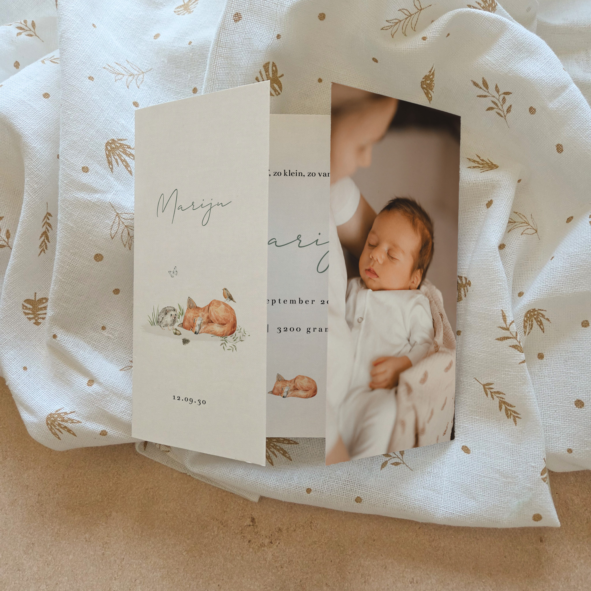 Uniek unisex geboortekaartje theatervouw met vos en eigen foto