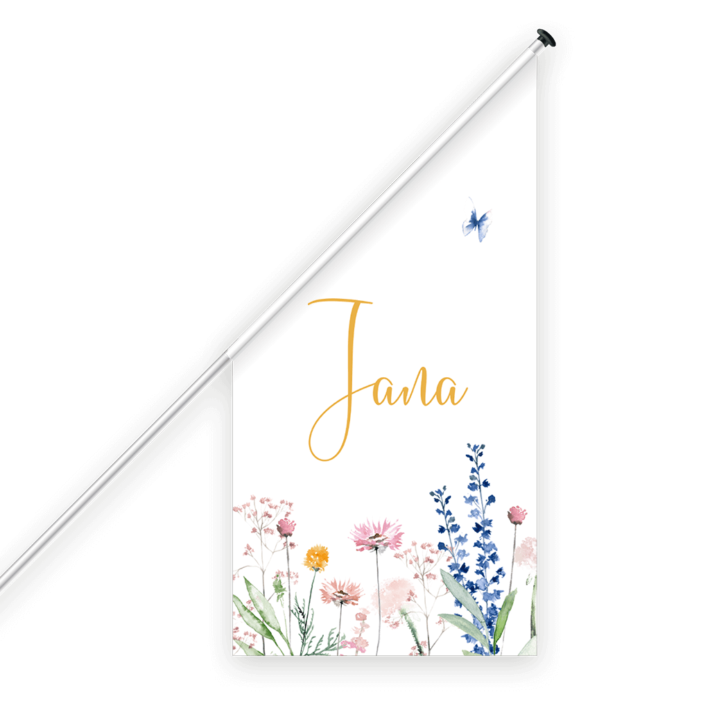 Geburtsfahne mit Frühlingsblumen und Schmetterling