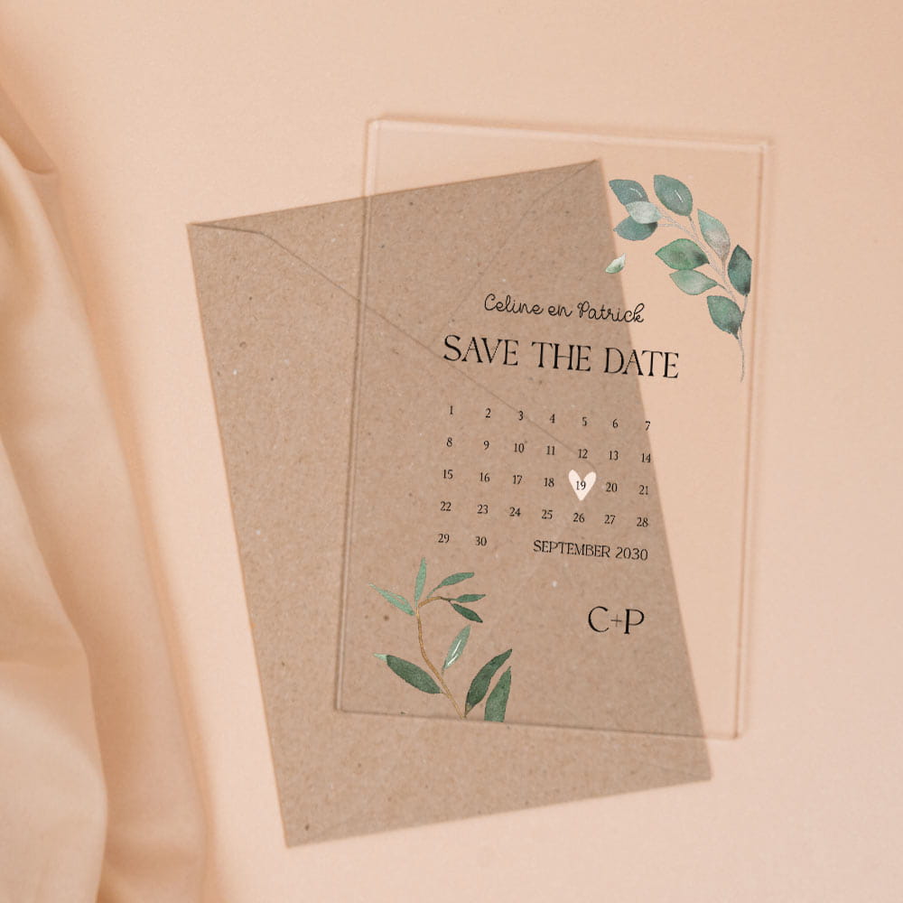 Botanische save the date op acryl met kalender