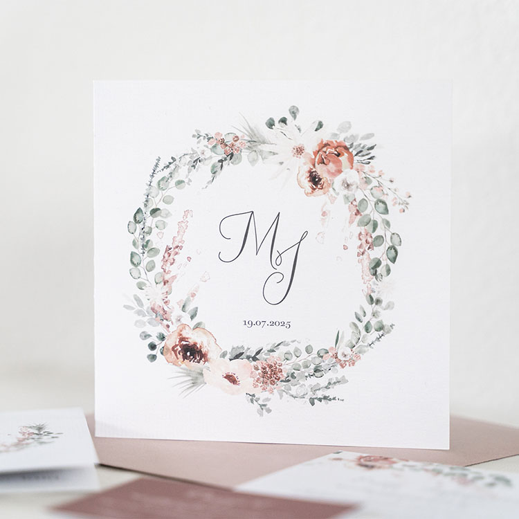 Trouwkaart bohemian met veel bloemen