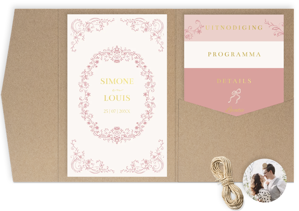 Pocketfold trouwkaart vintage roze botanisch floral
