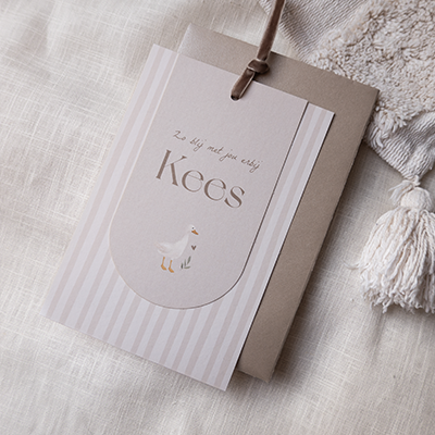 Uni geboortekaartje streepjes met gansje en afgerond linnenlook label 