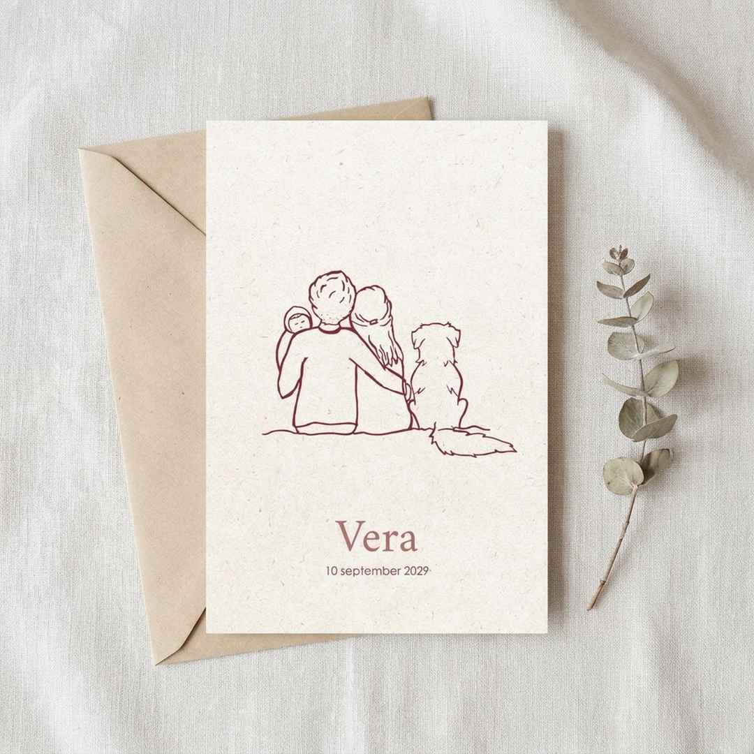 Geboortekaartje meisje lijntekening gezin Golden Retriever