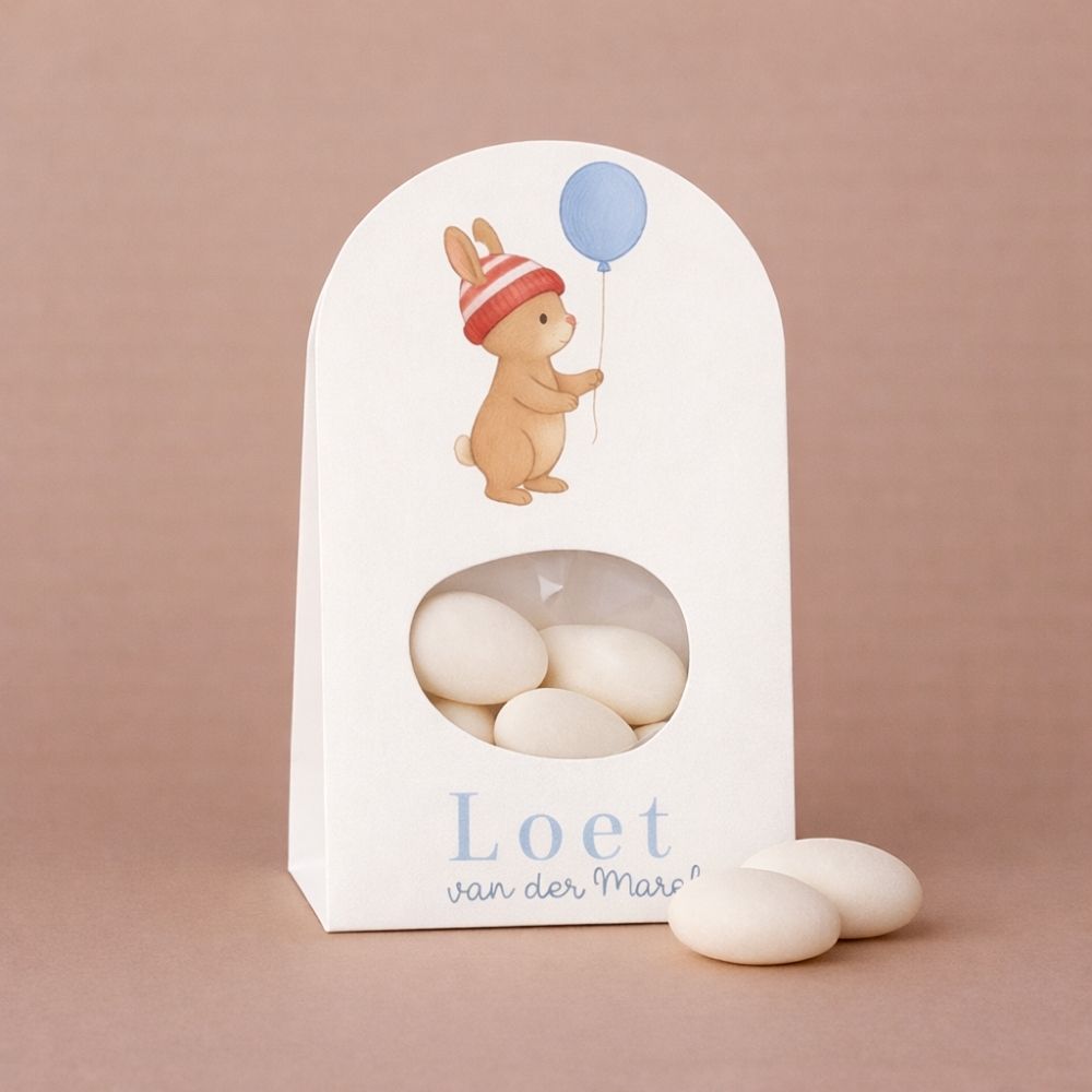 Doopsuiker wikkel jongen winter konijntje blauwe ballon