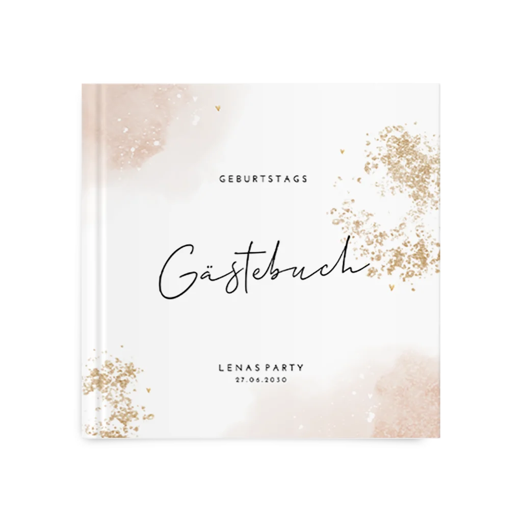 Gästebuch zum Geburtstag mit Goldflecken und rosa Hintergrund