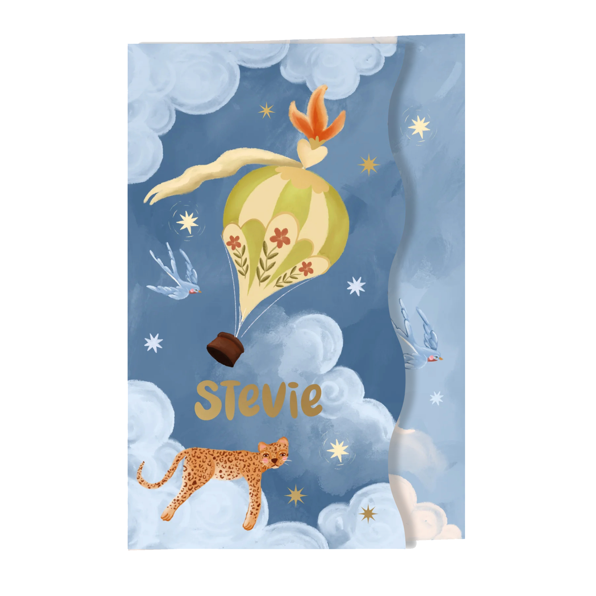 Geboortekaartje luipaard en luchtballon blauw
