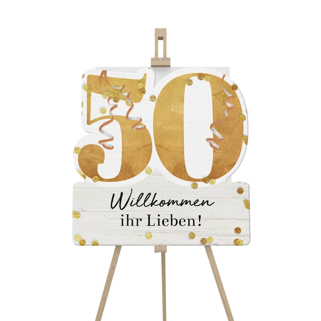 Willkommensschild für 50 Geburtstag mit goldener Zahl