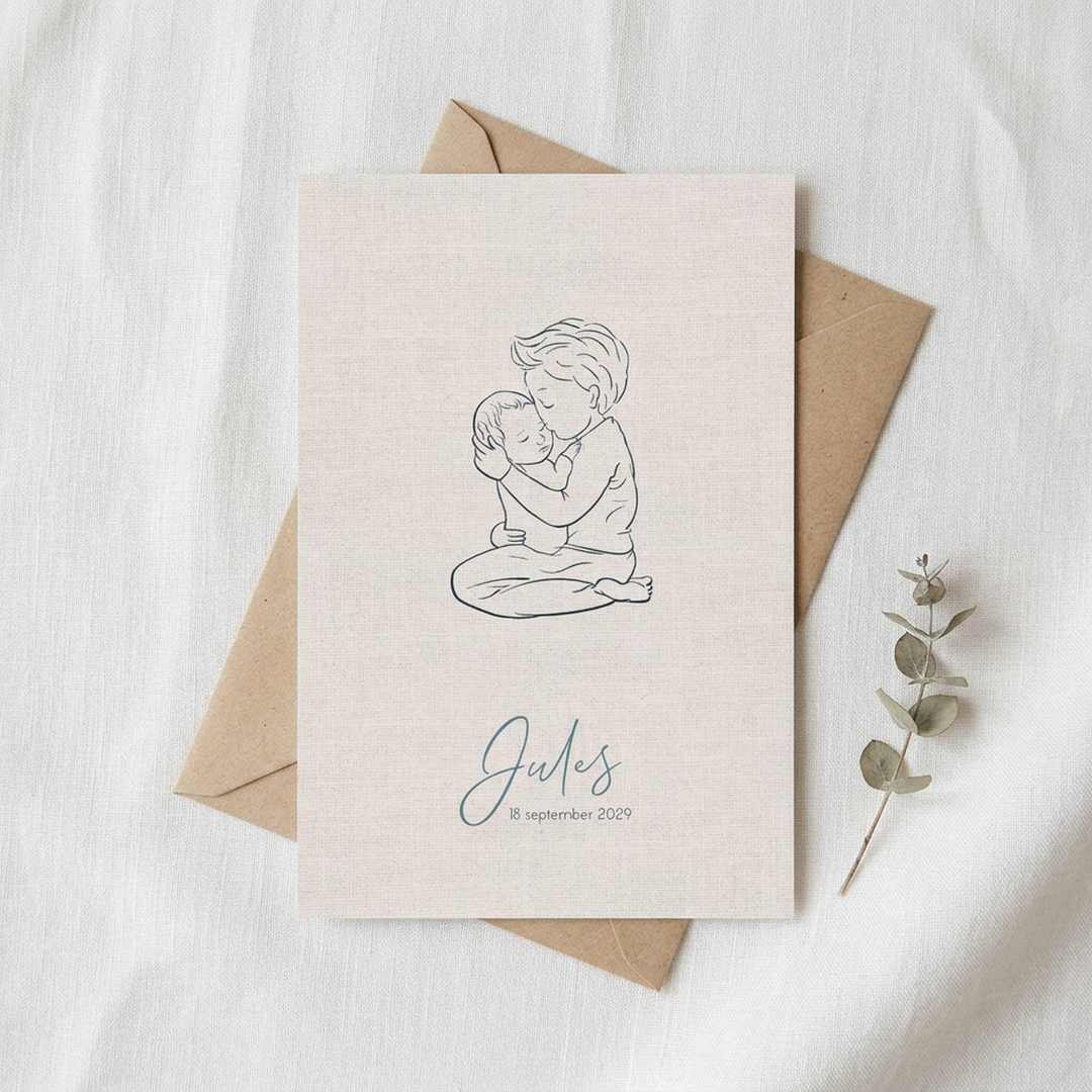 Geboortekaartje jongen lijntekening broer met baby broertje