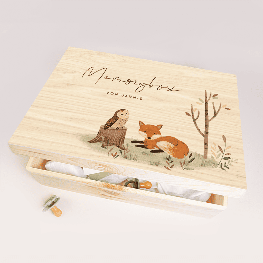 Erinnerungsbox Baby als Geschenk zur Geburt mit Fuchs und Eule