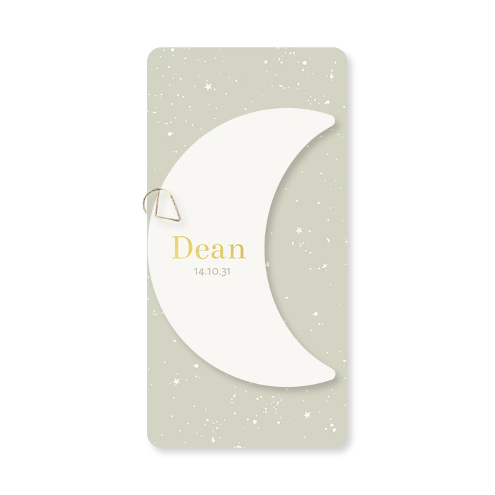 Uni geboortekaartje sage met label maan en goudfolie
