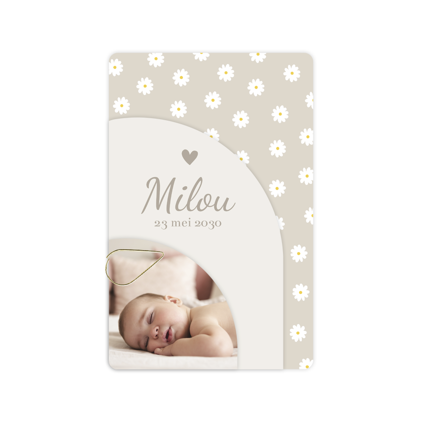 Lagen geboortekaartje beige met bloemen en eigen foto