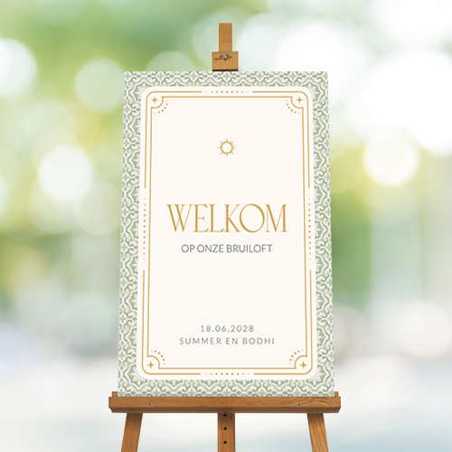 Bruiloft boho welkomstbord met mediterraans patroon