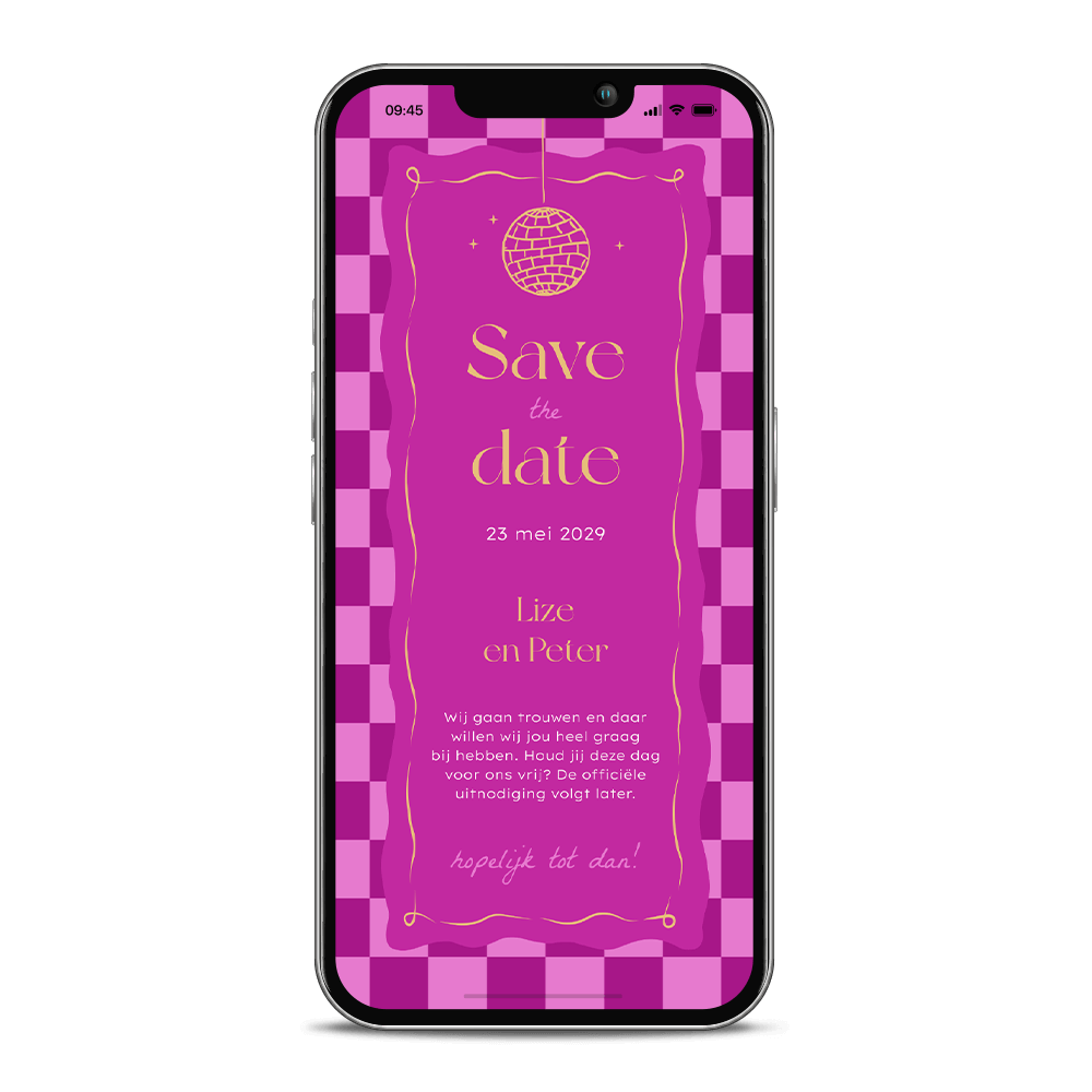 Kleurrijke digitale Save the Date kaart met discobal