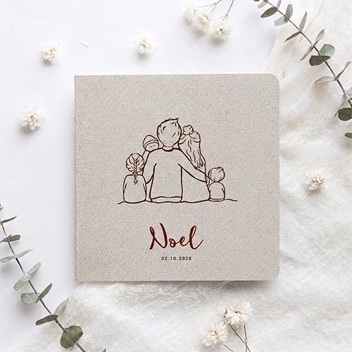 Geboortekaartje lijntekening gezin broer zus linnen look