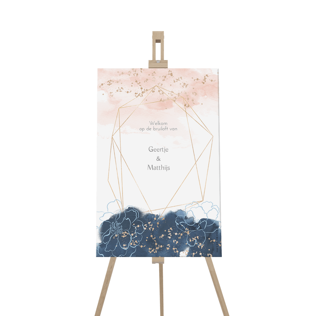 Bruiloftsbord met aquarel roze en blauw en getekende bloemen
