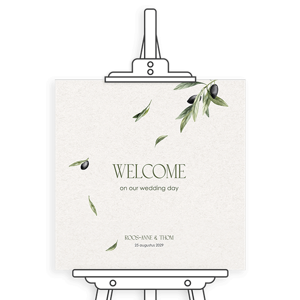 welkomstbord bruiloft met olijfblaadjes