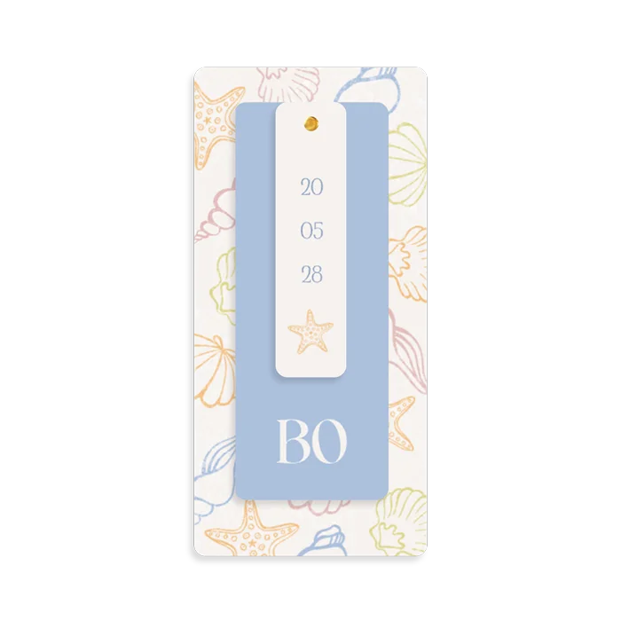 Geboortekaartje labelkaart pastelkleuren met schelpen