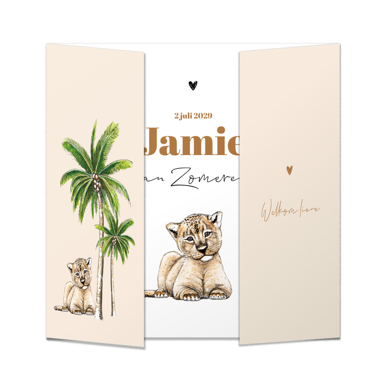 Theatervorm geboortekaartje baby leeuw