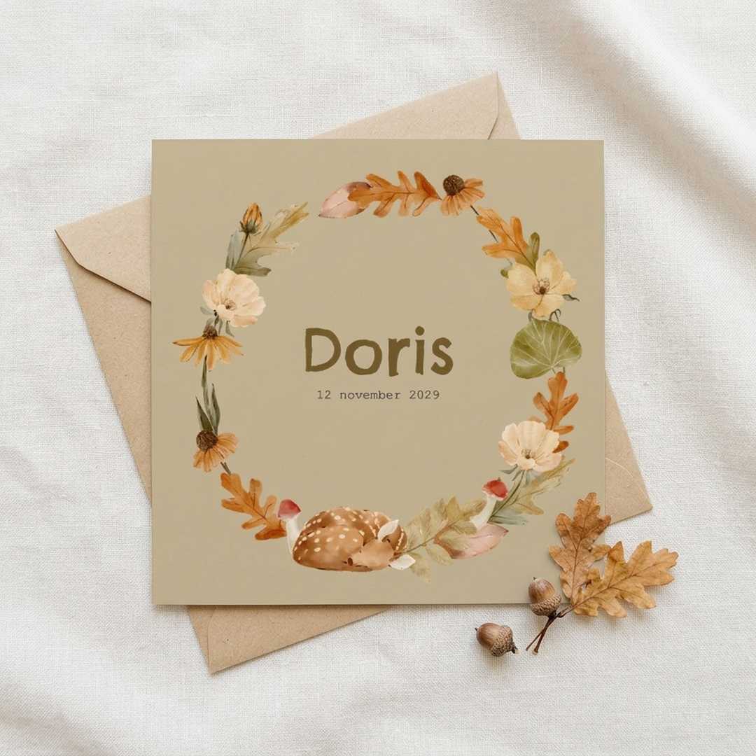 Geboortekaartje unisex herfst bladerkrans hert