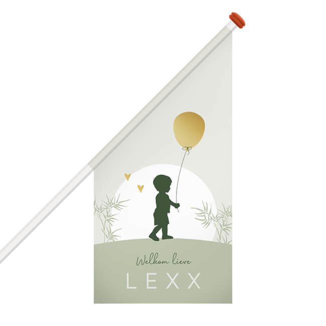 Silhouet jongen geboortevlag met gouden ballon