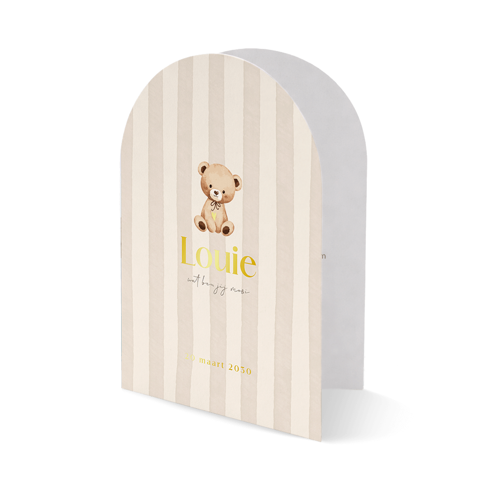 Bijzondere vorm unisex geboortekaartje met beertje en strepen