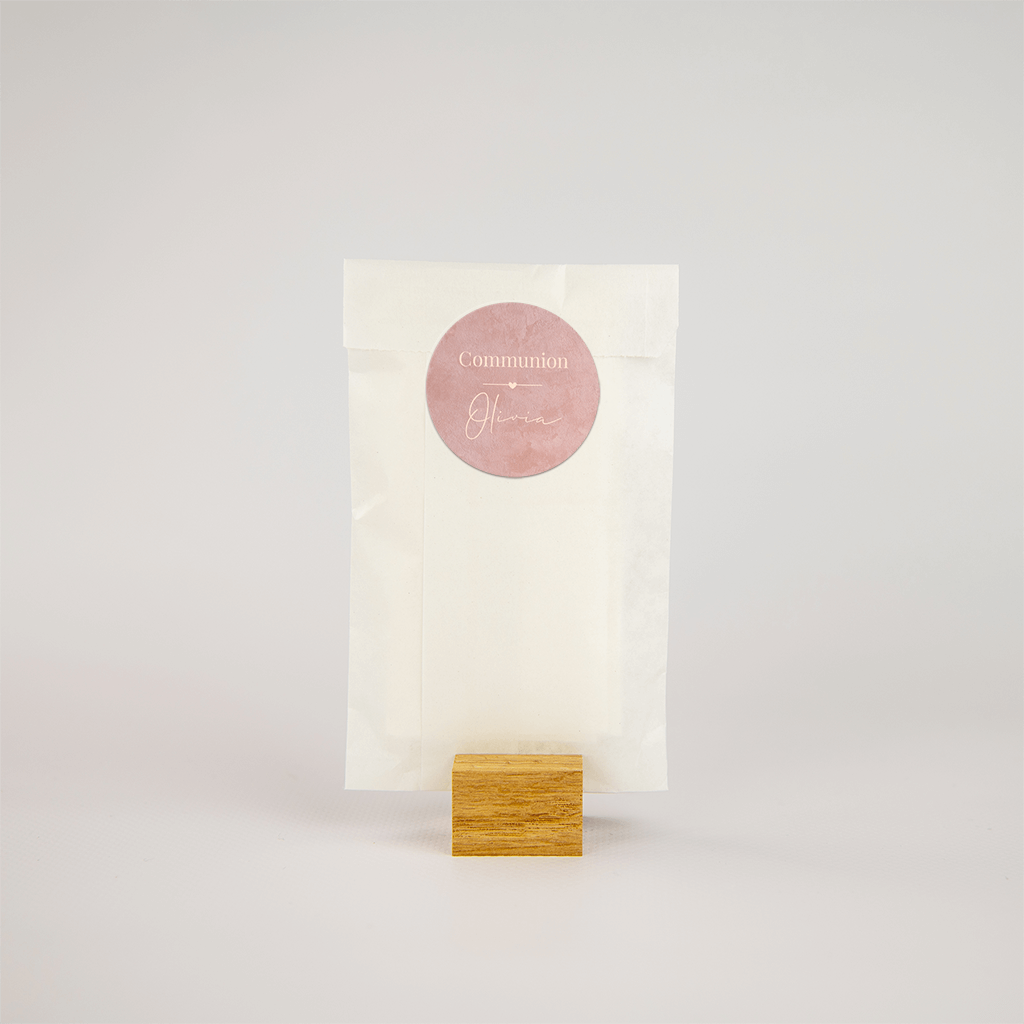 Autocollant remerciement communion avec fond d'aspect velours rose - 25 ex.
