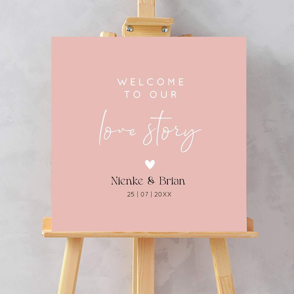 Bruiloftsbord roze welcome to our love story