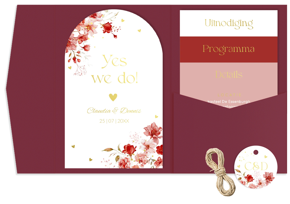 Pocketfold trouwkaart rood roze bloemen goudfolie