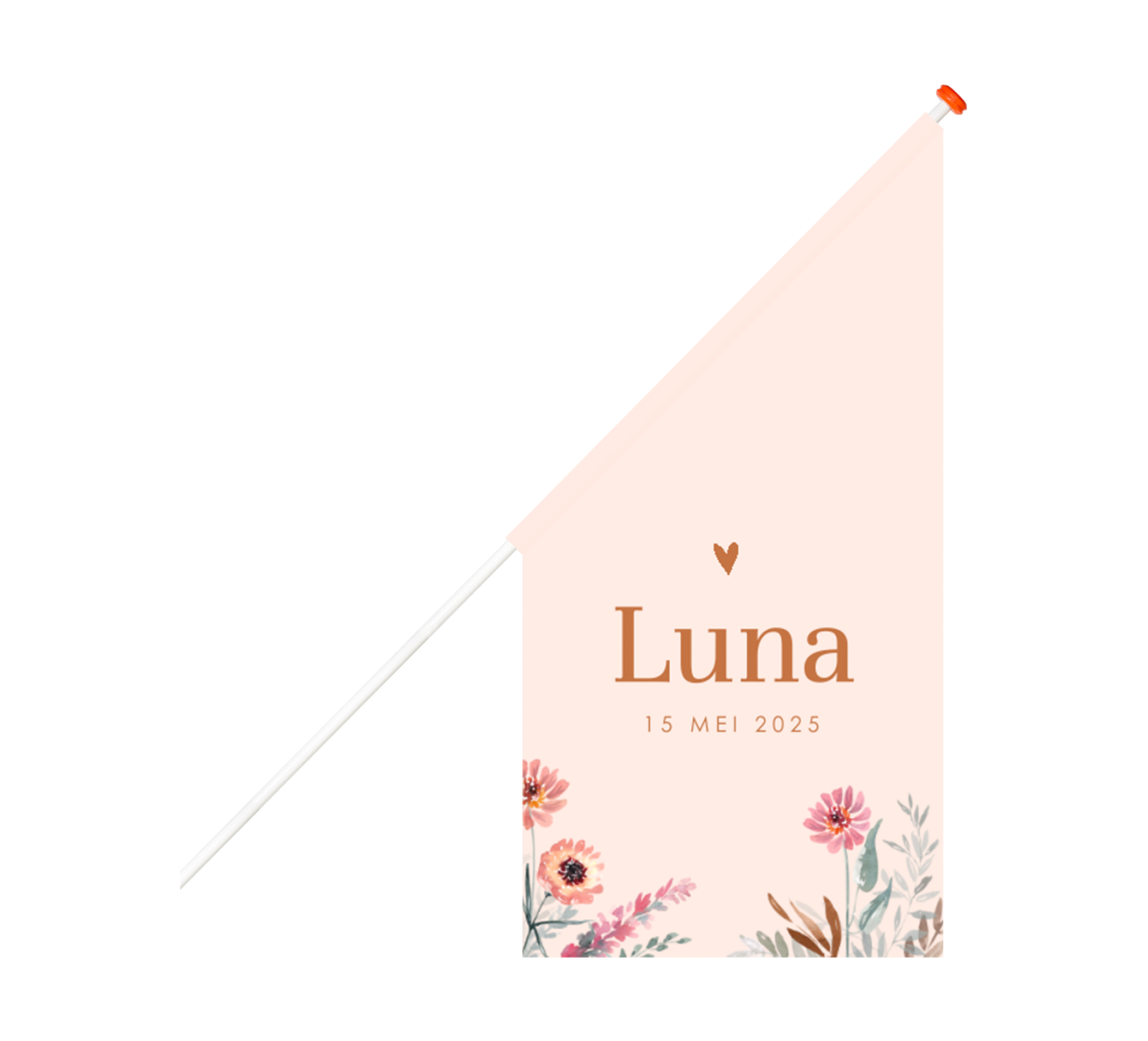 Vrolijke geboortevlag met bloemen en hartje